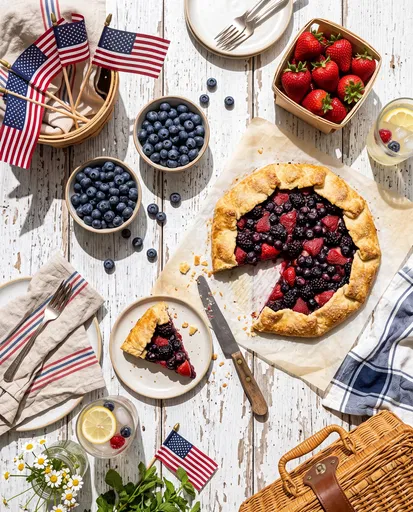 Patriotic Berry Galette Summer Picnic Flat Lay