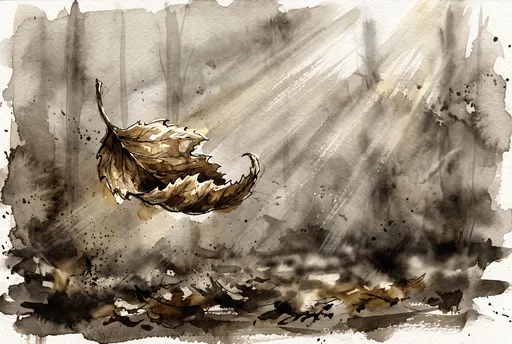 Sepia Ink Wash Falling Autumn Leaf