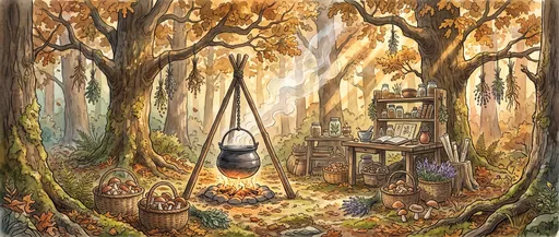 Watercolor Woodland Apothecary With Cauldron