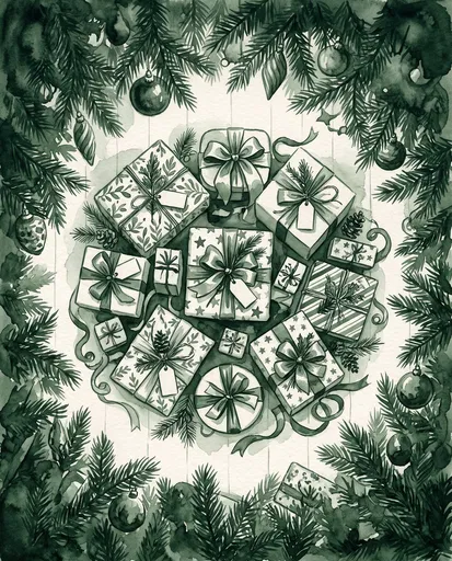 Green Watercolor Christmas Presents Overhead Illustration