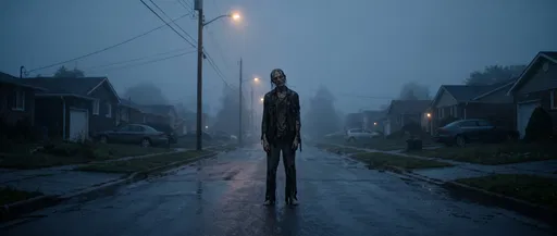 Gaunt Zombie on Foggy Suburban Street