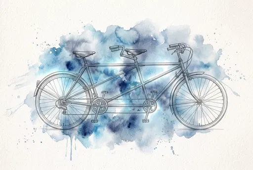 Tandem Bicycle Pencil and Watercolor Illustration