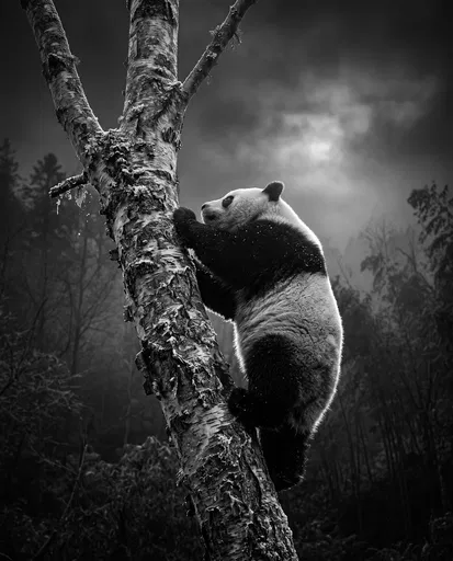 Monochrome Panda Climbing Frosted Birch Tree