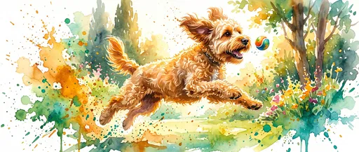 Watercolor Cockapoo Leaping for a Ball
