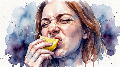 Watercolor Woman Biting Sour Lemon Wedge