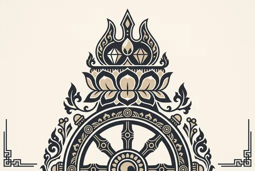 Ornamental Buddhist Triratna and Dharma Wheel Illustration