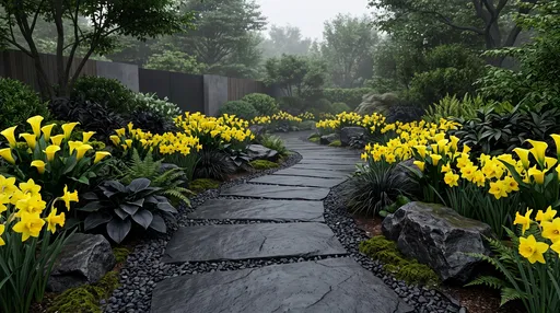 Modern Garden Path With Yellow Flowers