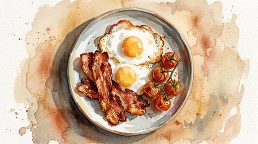 Watercolor Breakfast Plate With Bacon and Eggs