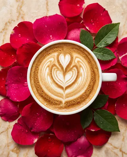 Latte Art Surrounded by Rose Petals