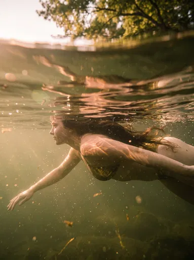 Swimmer Beneath Golden Pond Surface