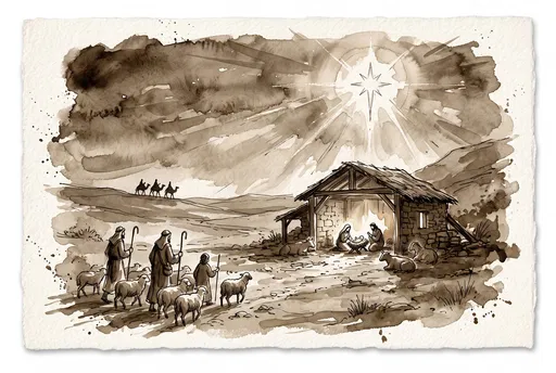 Sepia Watercolor Christmas Nativity Scene Illustration