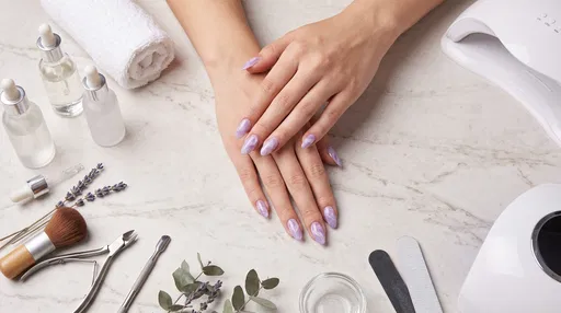 Purple Marble Manicure on Salon Desk