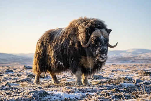 Muskox Standing on Frosty Arctic Tundra