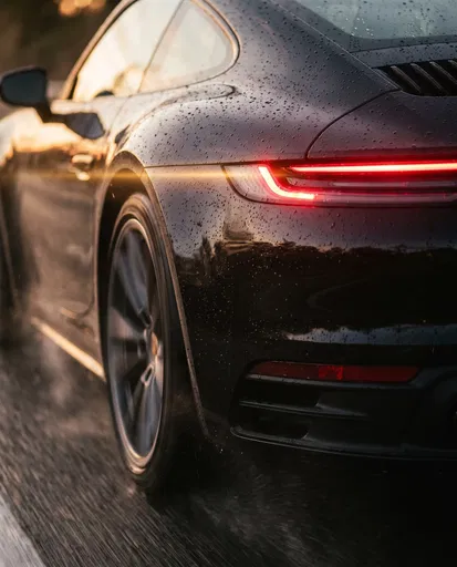 Wet Black Sports Car Taillight At Sunset