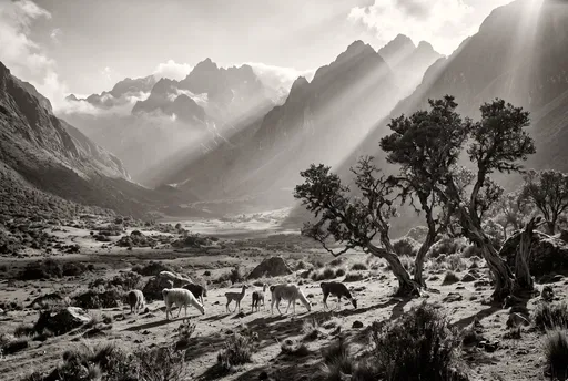 Llamas Grazing in Monochrome Mountain Valley
