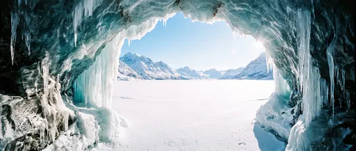 Ice Cavern Framing Frozen Alpine Lake