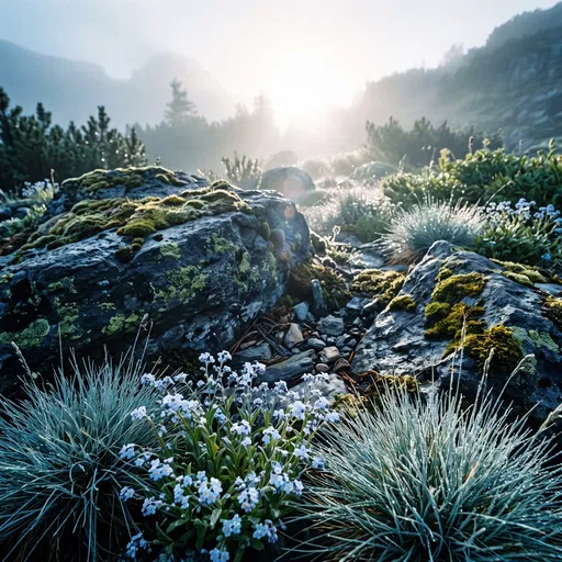 Misty Alpine Rock Garden at Sunrise