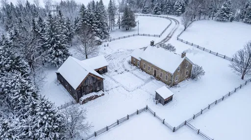 Aerial View of Snowy Stone Farmhouse