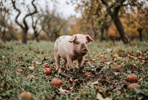 Spotted Piglet in Autumn Apple Orchard