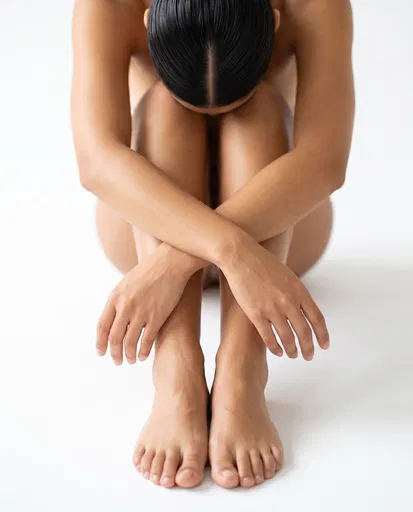 Woman Sitting With Crossed Arms In Studio