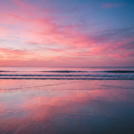Pink Sunset Reflections on Wet Beach Sand