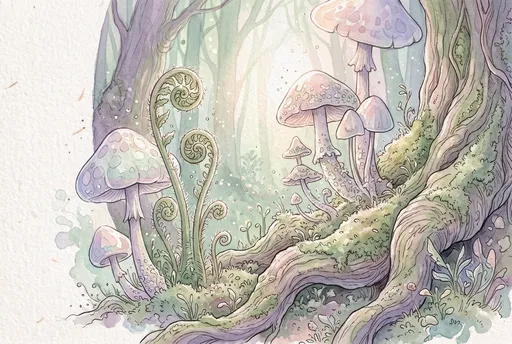 Pastel Watercolor Forest Mushrooms and Ferns