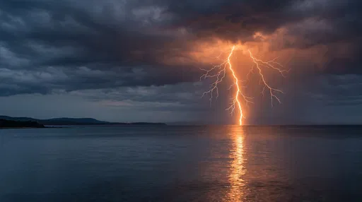 Orange Lightning Strike Over Calm Ocean