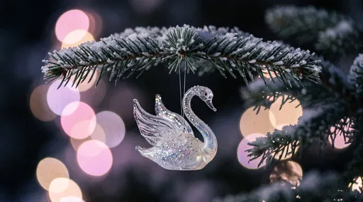 Glass Swan Ornament on Frosted Branch