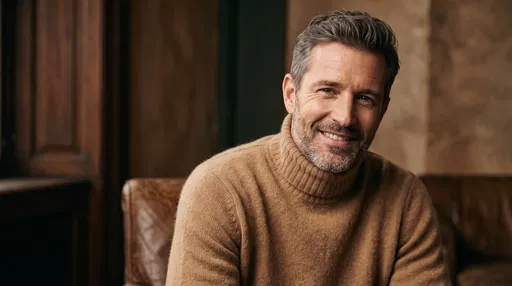 Smiling Mature Man in Camel Turtleneck