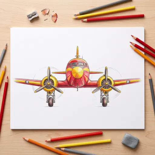 Colored Pencil Airplane Drawing Flat Lay