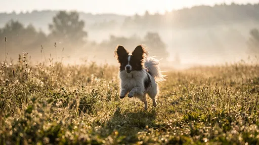 Papillon Dog Running in Misty Meadow