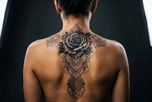 Blackwork Rose and Mandala Back Tattoo