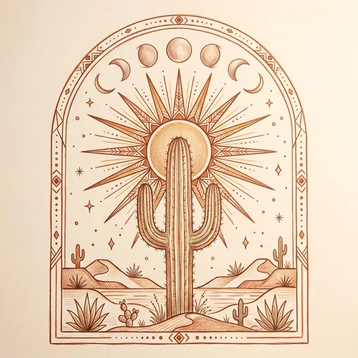 Boho Desert Cactus and Sun Arch Drawing