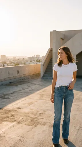 Woman Standing on Urban Rooftop at Sunset