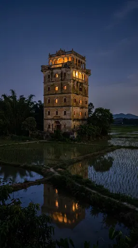 Illuminated Kaiping Diaolou Watchtower at Night