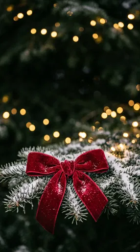 Red Velvet Bow on Snowy Fir Branch