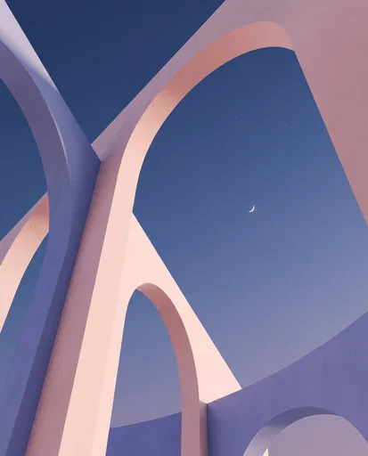 Pastel Architectural Arches Under Crescent Moon