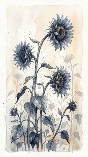 Slate Blue Sunflowers Watercolor Illustration