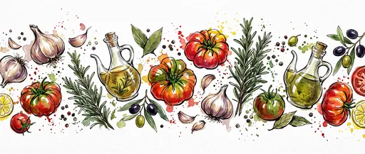 Watercolor Banner of Mediterranean Cooking Ingredients