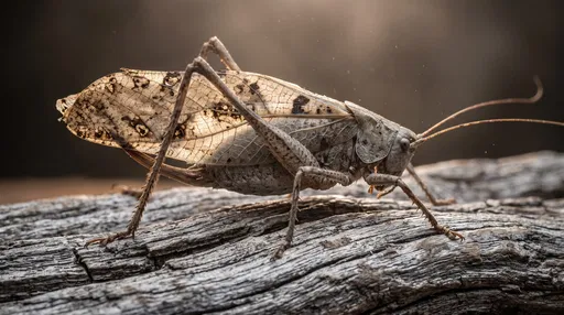 Dried-Leaf Mimic Katydid on Weathered Driftwood
