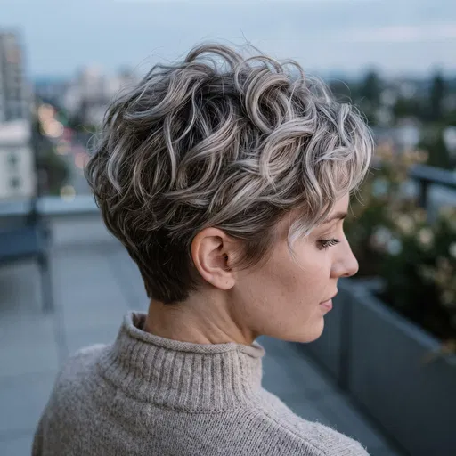 Woman With Ash Blonde Curly Pixie Cut