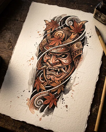 Samurai Mask Watercolor Tattoo Flash