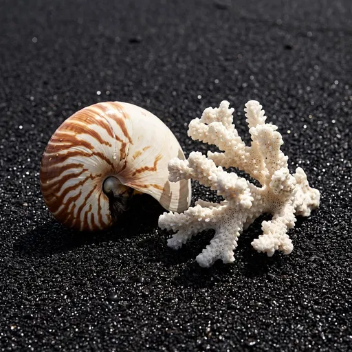 Nautilus Shell and Coral on Black Sand