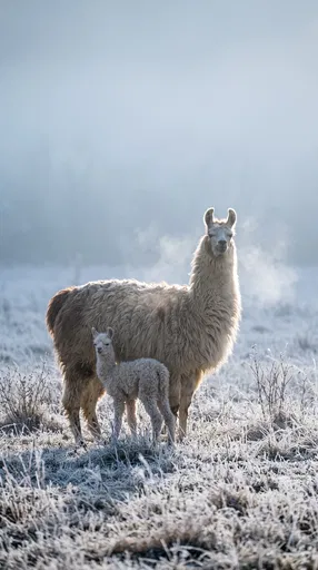 Mother Llama and Cria in Frosted Pasture