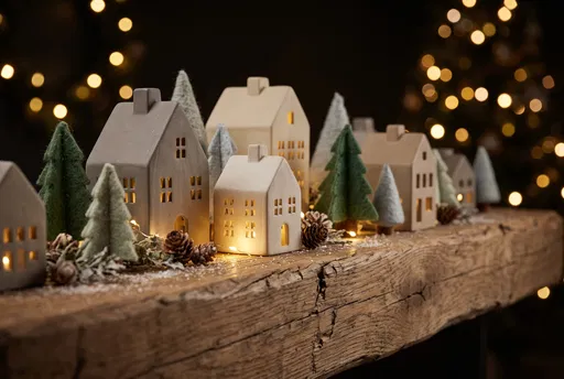 Ceramic Christmas Village on Wooden Mantel
