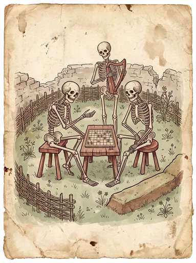 Skeletons Playing Board Game With Harpist