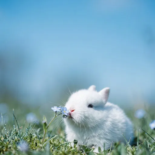 White Bunny Sniffing Blue Flower