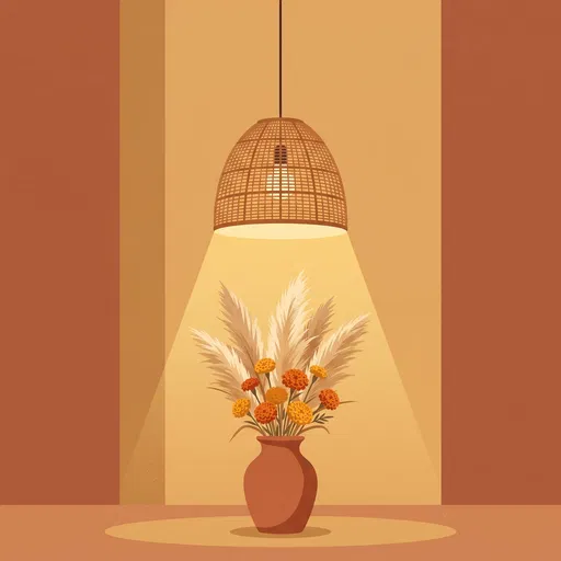 Rattan Pendant Lamp Over Terracotta Vase