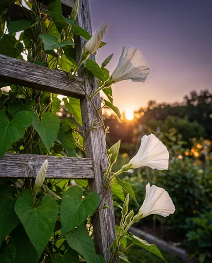White Moonflowers on Wooden Trellis at Sunset
