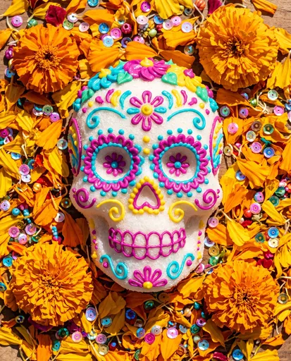 Decorated Sugar Skull with Marigolds